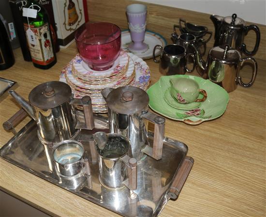 An Art Deco plated 4 piece tea set and tray and mixed ceramics